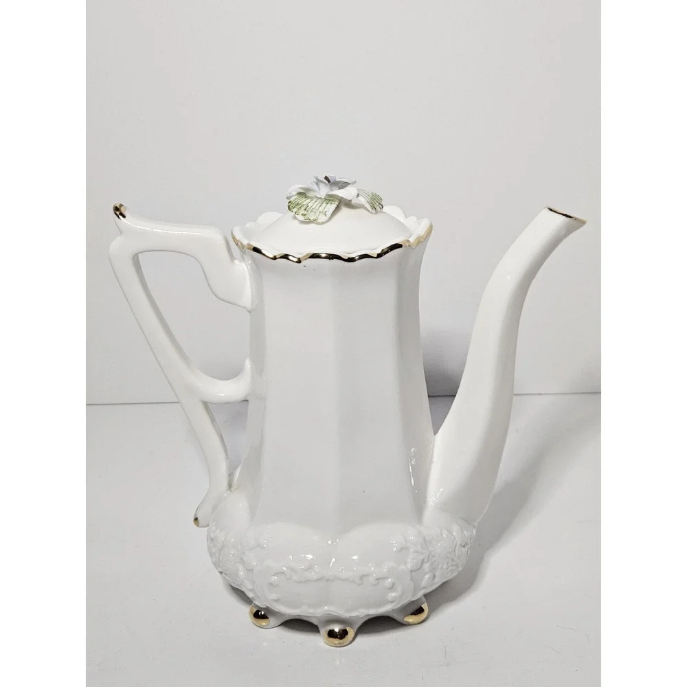 Porcelain Teapot 3D Applied Purple Violet Flowers White Gold Trim Footed Vintage